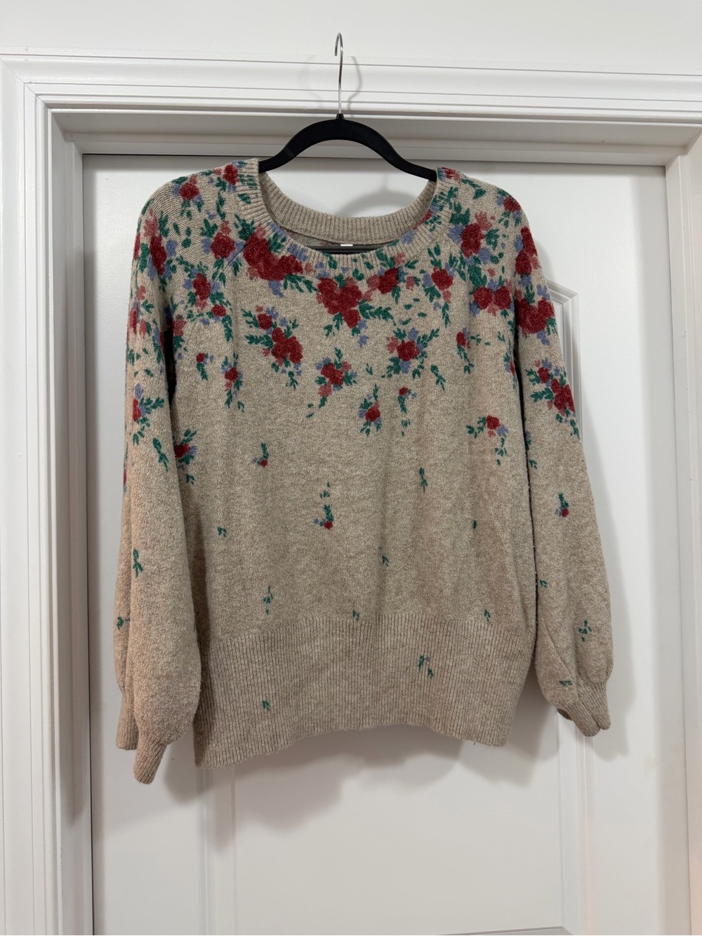 LC Lauren Conrad Beige Crewneck Sweater with Red Rose Print